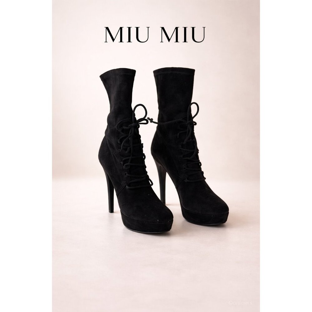 Miu Miu Suede Slouchy Platform Ankle Boots  Black Lace Up Stiletto Heel 8.5-9 39